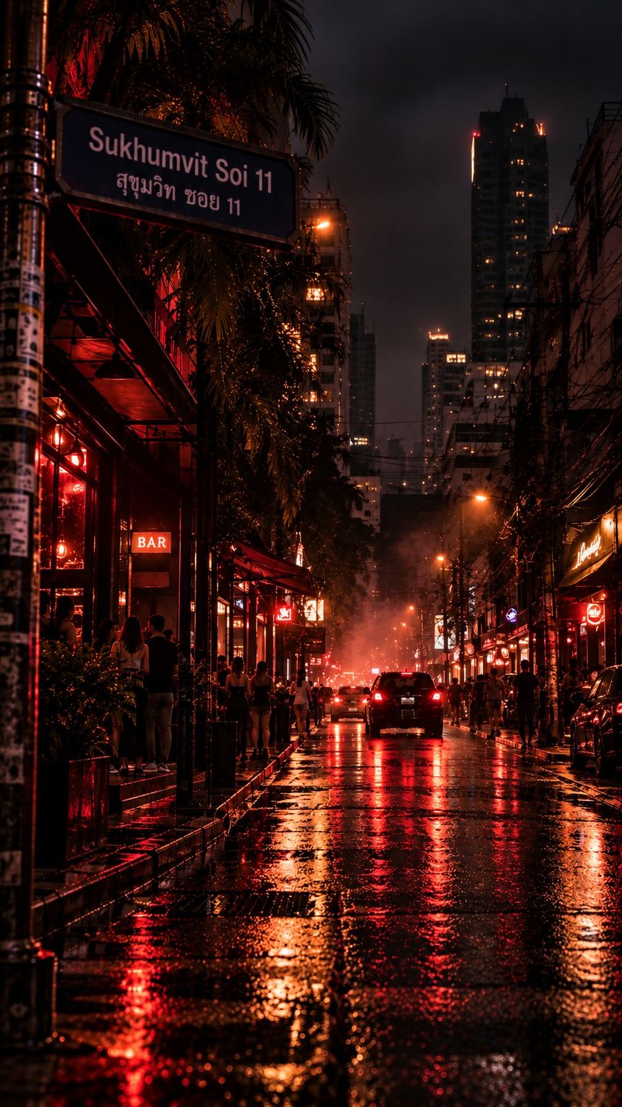 Neon lights reflecting on a rainy Bangkok Soi 11 street at night
