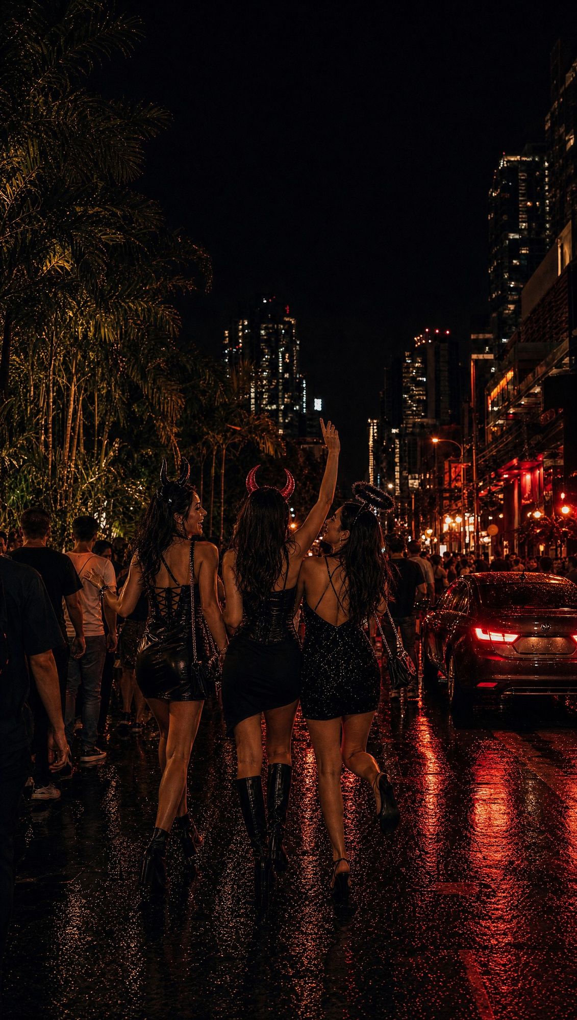 Three costumed women walking through Bangkok's nightlife streets on Halloween